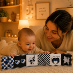 Mother and baby using the blue high-contrast toy during tummy time