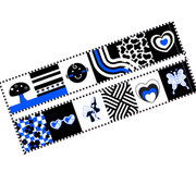 Blue high-contrast sensory toy unfolded to show its patterns